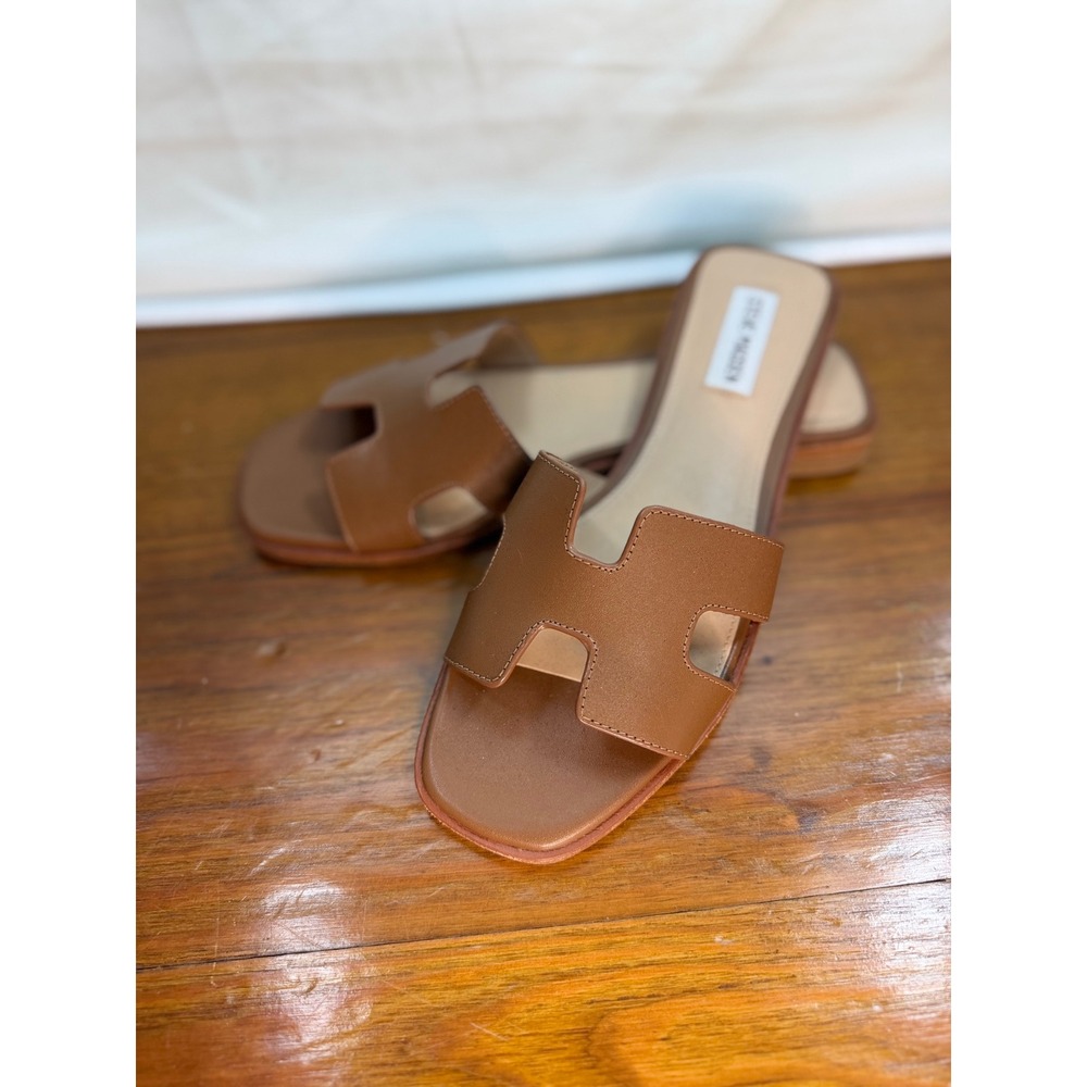 Steve Madden Cognac Leather H-Band Slide Sandals Brown Square Toe Womens 8 NWOB - Picture 2 of 6